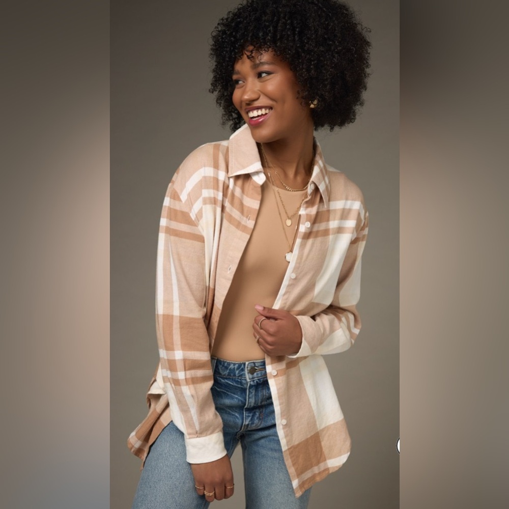 New Francesca’s Angie Ivory Plaid Woven Button Down Top